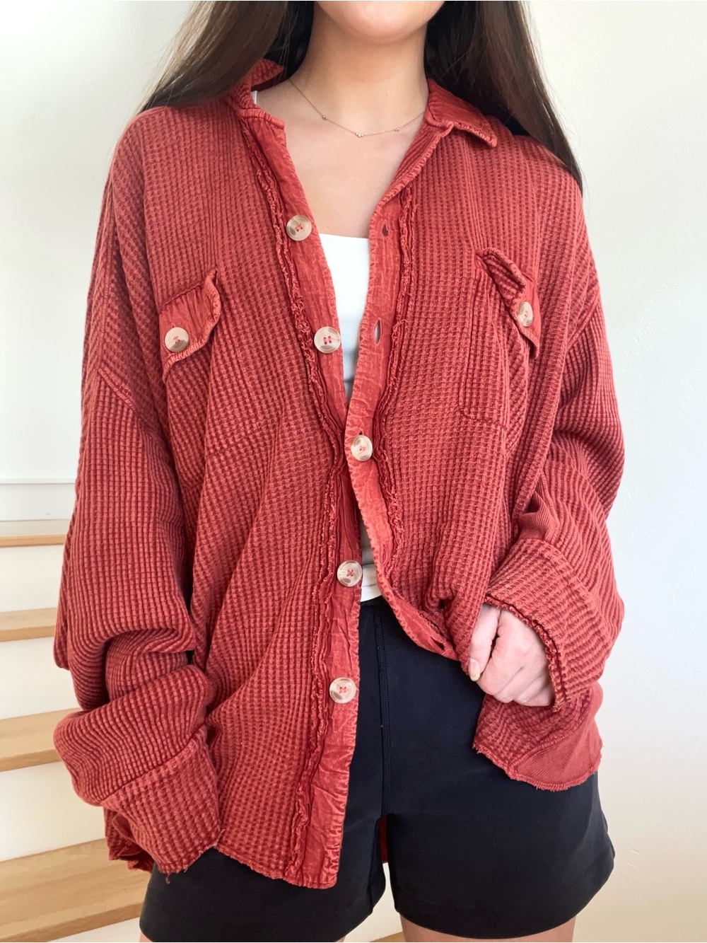 Free People FP One Scout Waffle Knit Thermal Brick Red Dreamy Clay Jacket Shirt